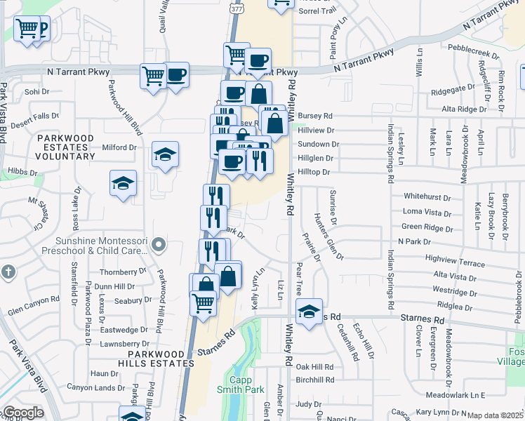 map of restaurants, bars, coffee shops, grocery stores, and more near 7804 Virgil Anthony Boulevard in Watauga