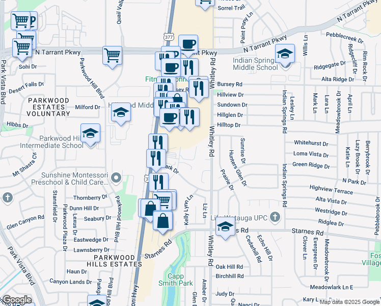 map of restaurants, bars, coffee shops, grocery stores, and more near 7804 Virgil Anthony Boulevard in Watauga