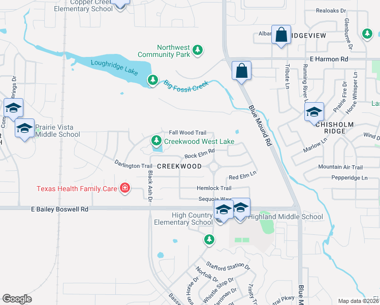map of restaurants, bars, coffee shops, grocery stores, and more near 8137 Rock Elm Road in Fort Worth