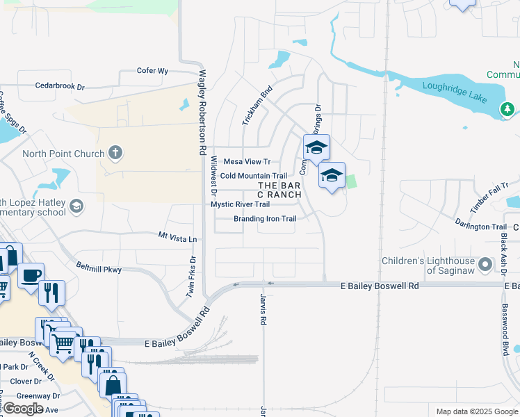 map of restaurants, bars, coffee shops, grocery stores, and more near 421 Mystic River Trail in Fort Worth