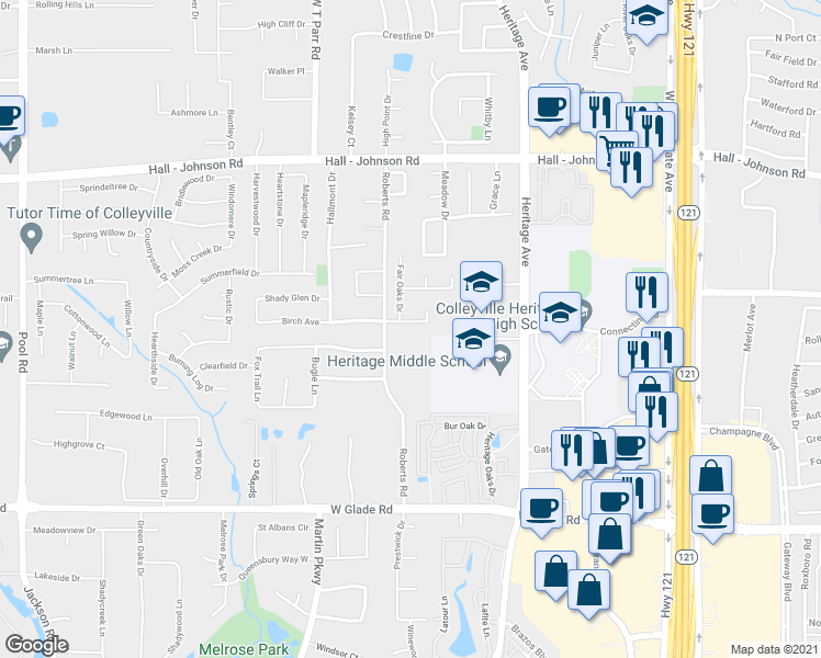 map of restaurants, bars, coffee shops, grocery stores, and more near 3113 Birch Avenue in Grapevine