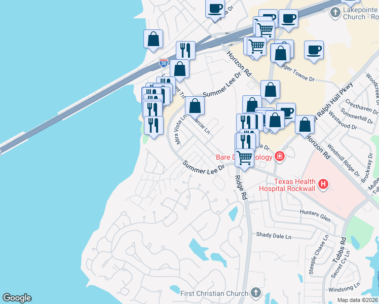 map of restaurants, bars, coffee shops, grocery stores, and more near 1810 Mystic Street in Rockwall