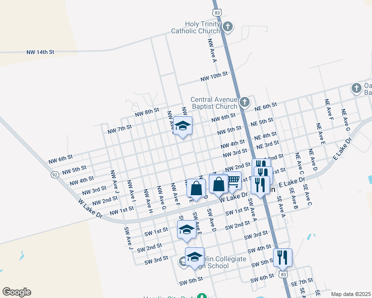 map of restaurants, bars, coffee shops, grocery stores, and more near 405 Northwest 5th Street in Hamlin