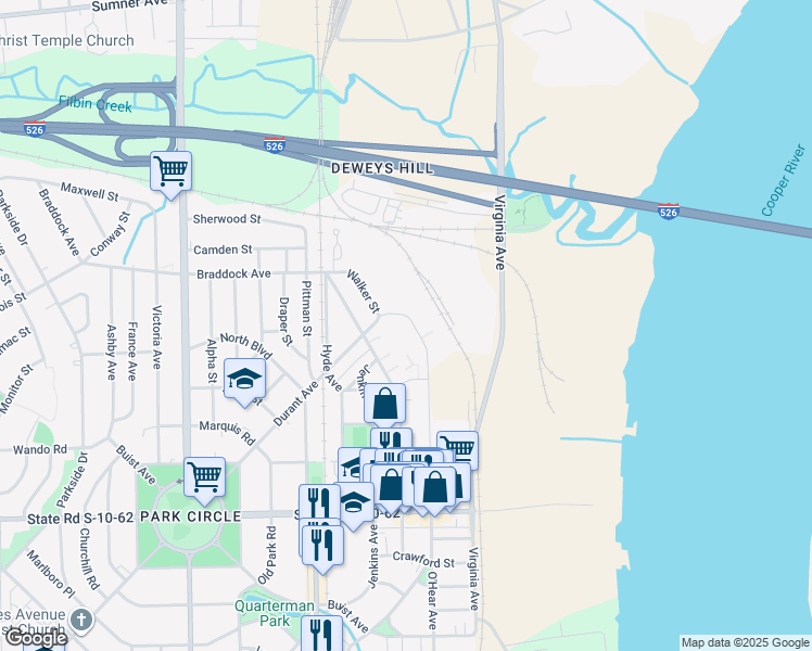 map of restaurants, bars, coffee shops, grocery stores, and more near 4993 O'Hear Avenue in North Charleston