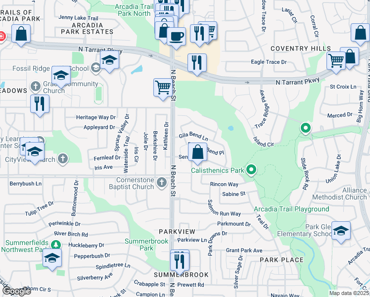 map of restaurants, bars, coffee shops, grocery stores, and more near 4504 Buffalo Bend Place in Fort Worth