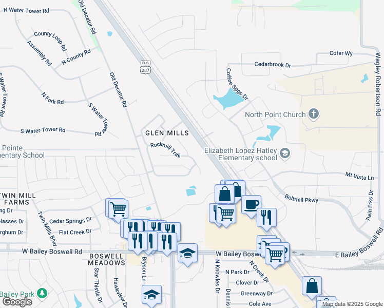 map of restaurants, bars, coffee shops, grocery stores, and more near 4340 Rockmill Trail in Fort Worth