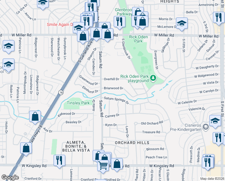 map of restaurants, bars, coffee shops, grocery stores, and more near 1302 Briarwood Drive in Garland