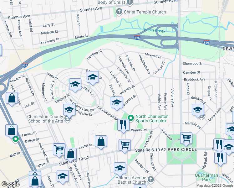 map of restaurants, bars, coffee shops, grocery stores, and more near 5102 Princeton Street in North Charleston