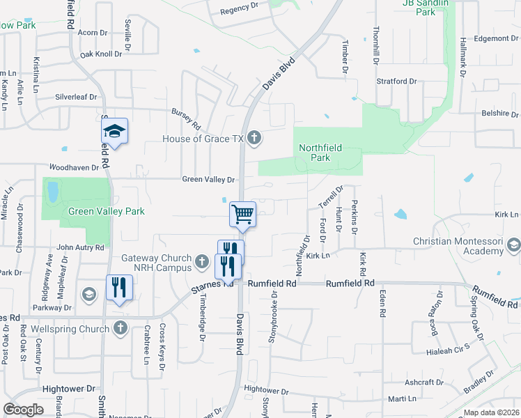 map of restaurants, bars, coffee shops, grocery stores, and more near 7601 Stamp Drive in North Richland Hills
