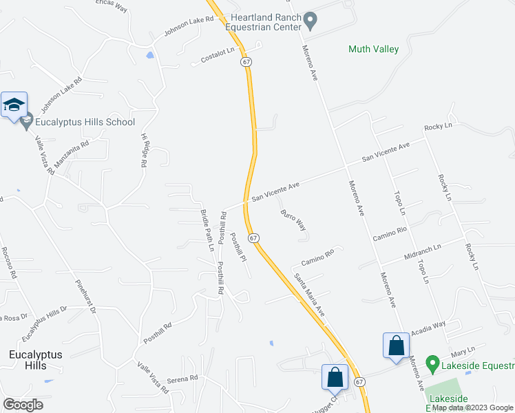 map of restaurants, bars, coffee shops, grocery stores, and more near 11511 California 67 in Lakeside