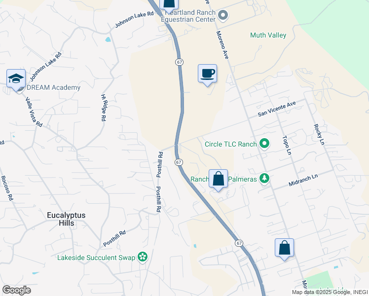 map of restaurants, bars, coffee shops, grocery stores, and more near 11511 California 67 in Lakeside