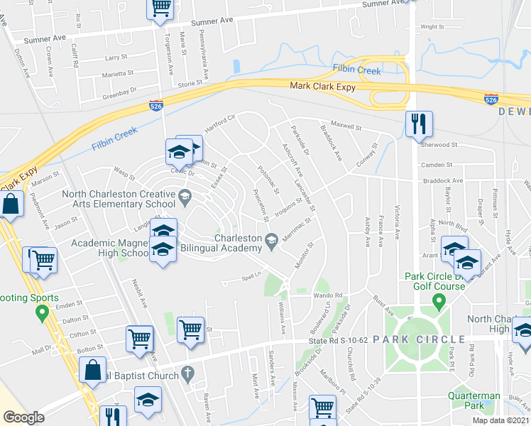 map of restaurants, bars, coffee shops, grocery stores, and more near 5103 Princeton Street in North Charleston