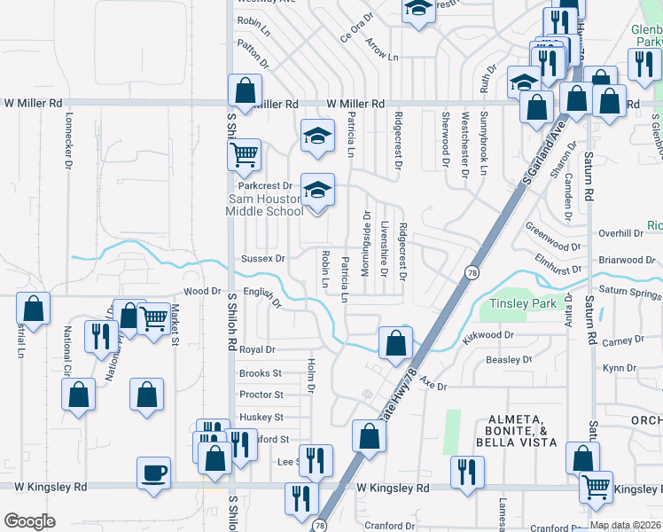 map of restaurants, bars, coffee shops, grocery stores, and more near 2518 Patricia Lane in Garland