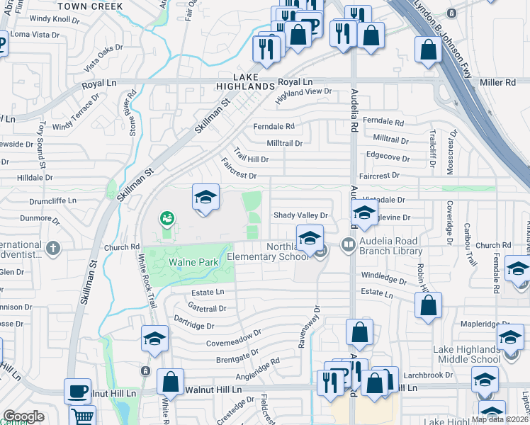 map of restaurants, bars, coffee shops, grocery stores, and more near 10111 Royal Highlands Drive in Dallas