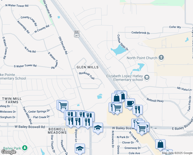 map of restaurants, bars, coffee shops, grocery stores, and more near 4417 Rockmill Trail in Fort Worth