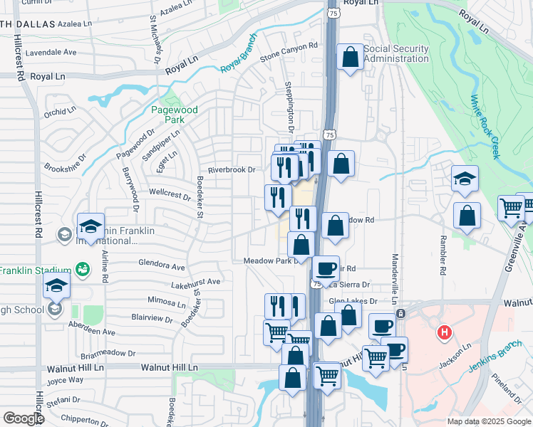 map of restaurants, bars, coffee shops, grocery stores, and more near 10404 High Hollows Drive in Dallas
