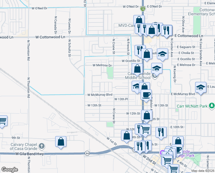 map of restaurants, bars, coffee shops, grocery stores, and more near 1409 North French Street in Casa Grande