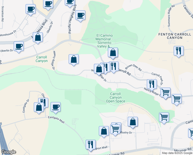 map of restaurants, bars, coffee shops, grocery stores, and more near 6351 Nancy Ridge Drive in San Diego