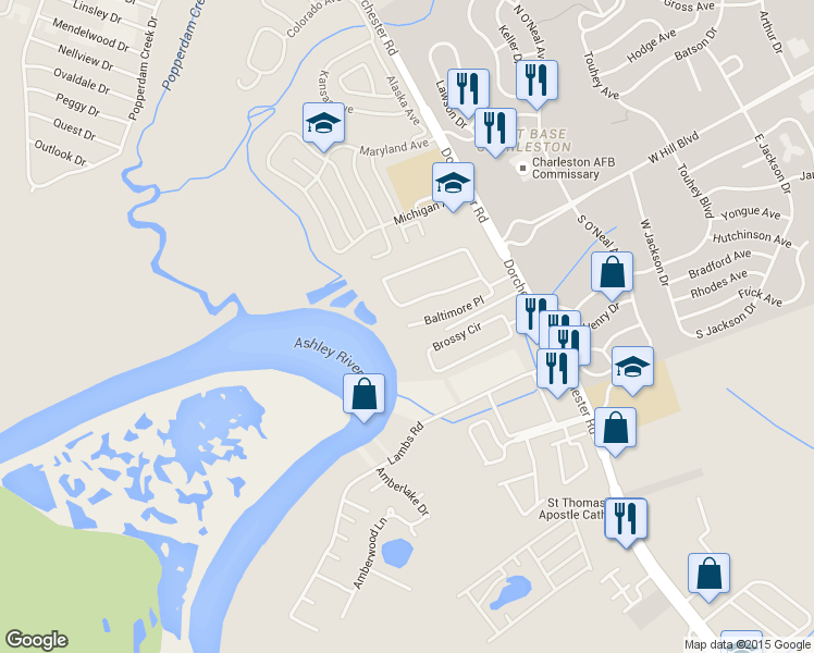 map of restaurants, bars, coffee shops, grocery stores, and more near 4798 Baltimore Place in North Charleston