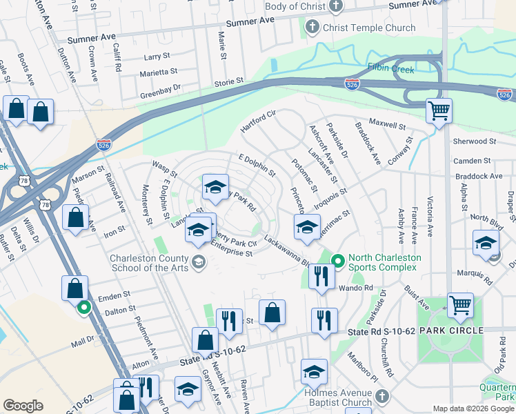 map of restaurants, bars, coffee shops, grocery stores, and more near 5173 East Liberty Park Circle in North Charleston