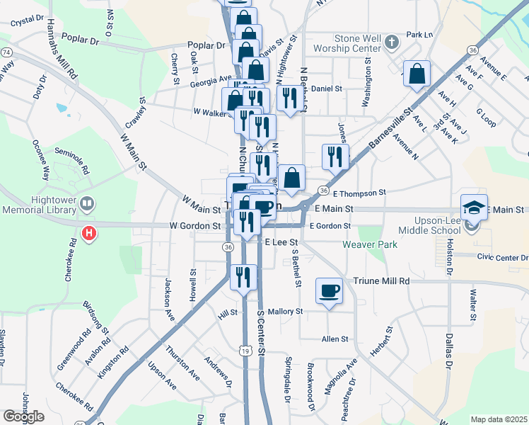 map of restaurants, bars, coffee shops, grocery stores, and more near 103 East Gordon Street in Thomaston
