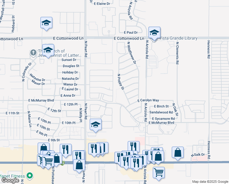 map of restaurants, bars, coffee shops, grocery stores, and more near 1422 North Desert Willow Street in Casa Grande