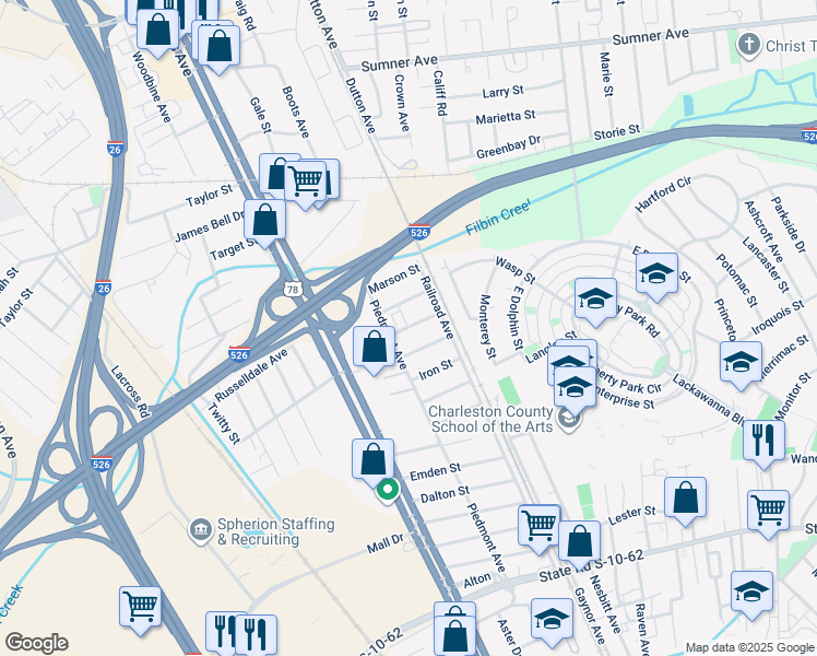 map of restaurants, bars, coffee shops, grocery stores, and more near 1934 Jason Street in North Charleston