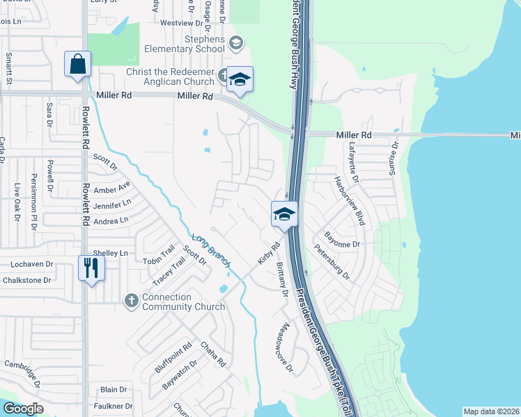 map of restaurants, bars, coffee shops, grocery stores, and more near 4410 Glistening Spring in Rowlett
