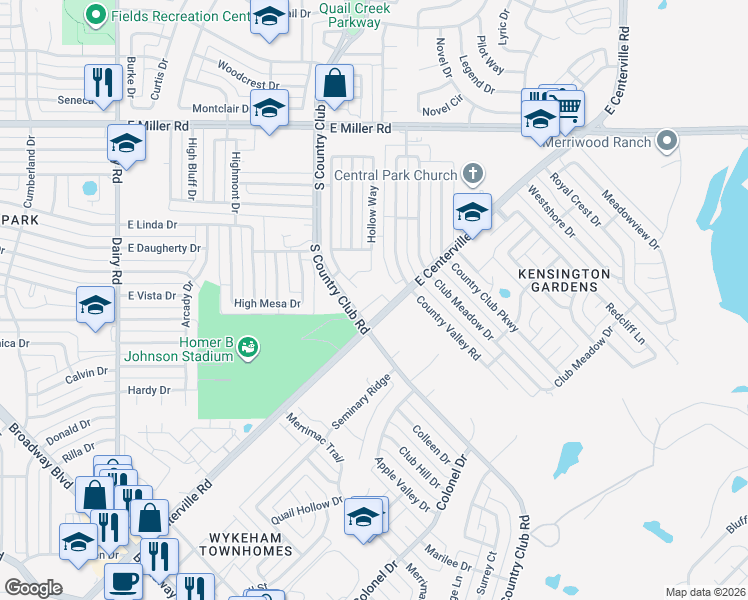 map of restaurants, bars, coffee shops, grocery stores, and more near 2602 South Country Club Road in Garland