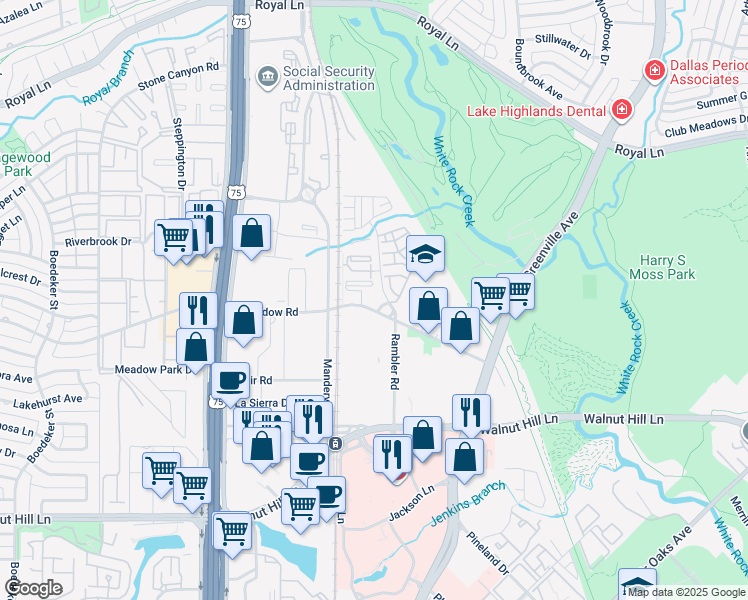 map of restaurants, bars, coffee shops, grocery stores, and more near 8230 Meadow Road in Dallas