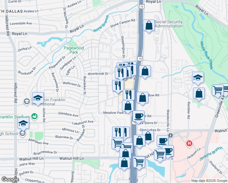 map of restaurants, bars, coffee shops, grocery stores, and more near 10404 High Hollows Drive in Dallas