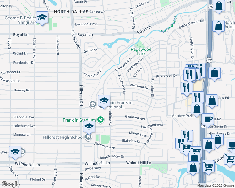 map of restaurants, bars, coffee shops, grocery stores, and more near 7131 Meadow Road in Dallas