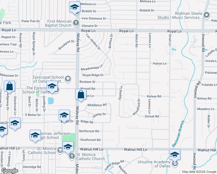 map of restaurants, bars, coffee shops, grocery stores, and more near 4414 Merrell Road in Dallas