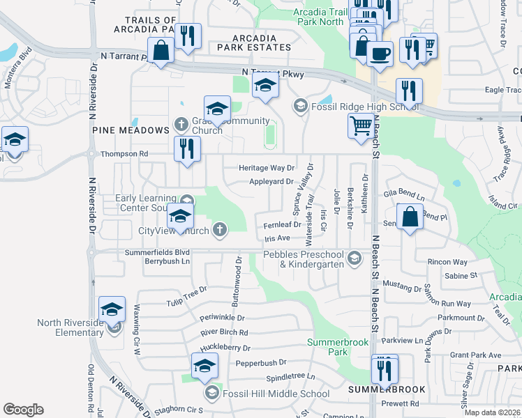 map of restaurants, bars, coffee shops, grocery stores, and more near 4228 Broken Arrow Road in Fort Worth