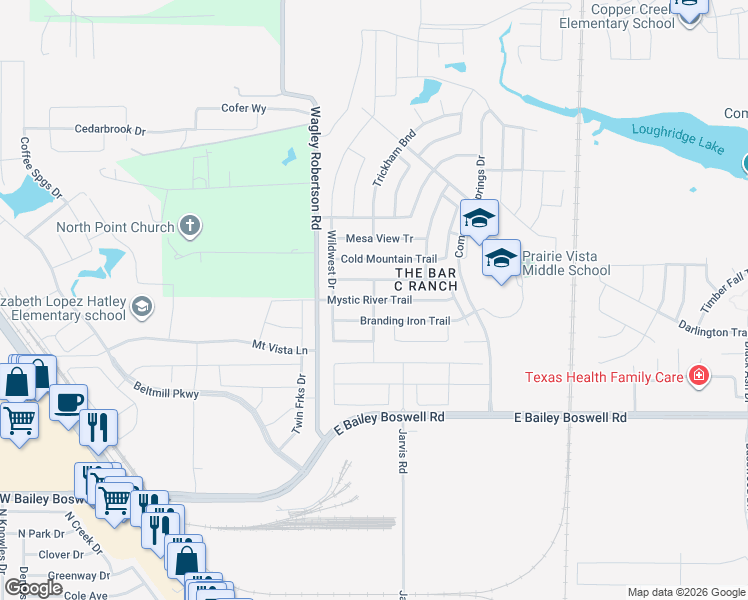 map of restaurants, bars, coffee shops, grocery stores, and more near 501 Mystic River Trail in Fort Worth