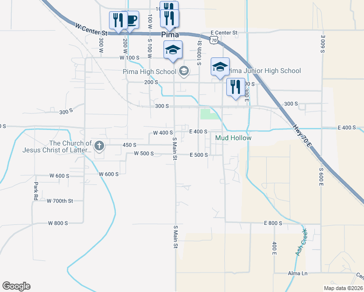 map of restaurants, bars, coffee shops, grocery stores, and more near 483 South Main Street in Pima