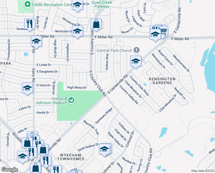 map of restaurants, bars, coffee shops, grocery stores, and more near 2602 South Country Club Road in Garland