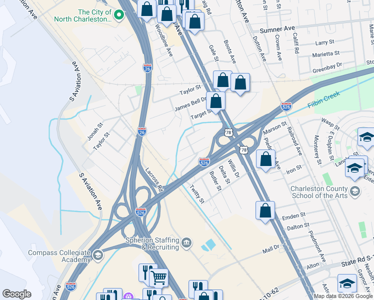 map of restaurants, bars, coffee shops, grocery stores, and more near 2217 Eleanor Drive in North Charleston