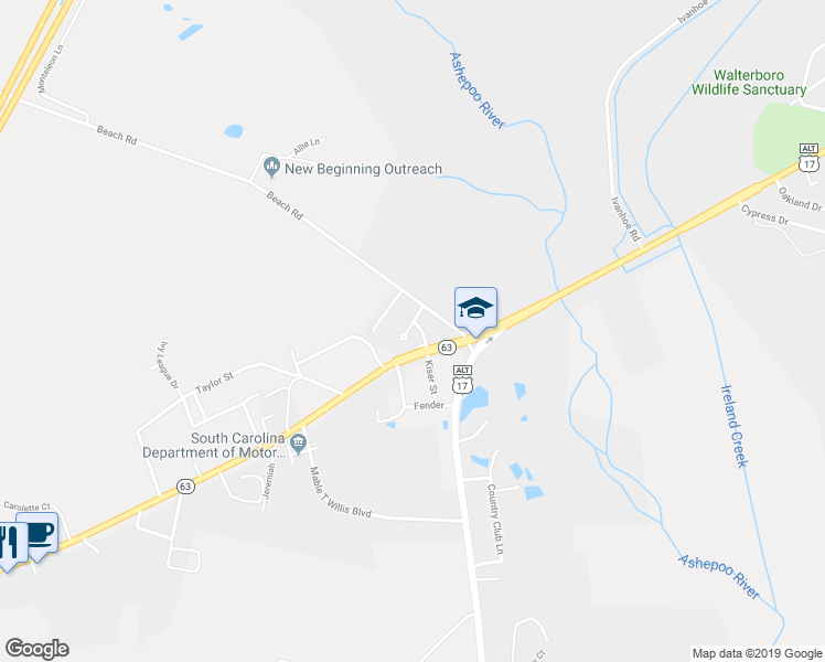 map of restaurants, bars, coffee shops, grocery stores, and more near 100 Sniders Highway in Walterboro