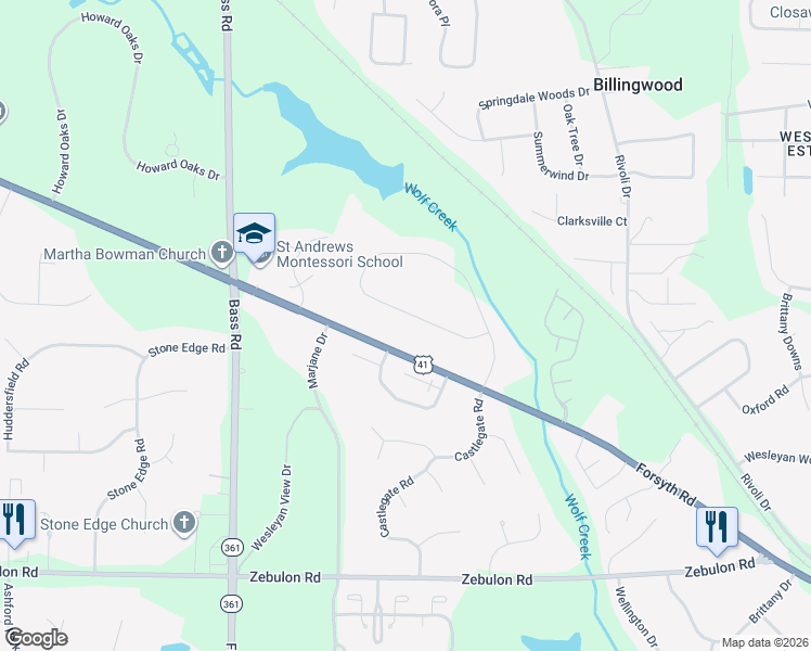 map of restaurants, bars, coffee shops, grocery stores, and more near 147 Wolf Creek Drive North in Macon