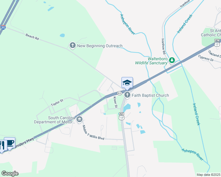 map of restaurants, bars, coffee shops, grocery stores, and more near 100 Sniders Highway in Walterboro