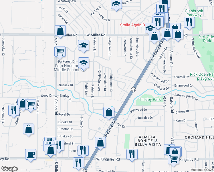 map of restaurants, bars, coffee shops, grocery stores, and more near 2525 Livenshire Drive in Garland