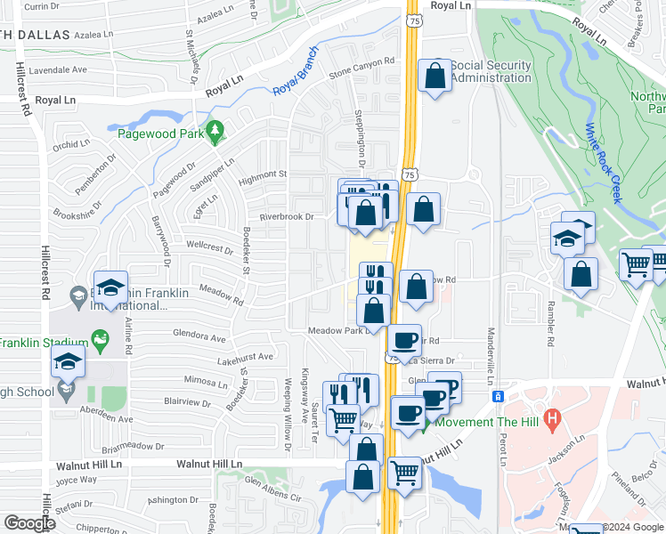 map of restaurants, bars, coffee shops, grocery stores, and more near 10404 High Hollows Drive in Dallas