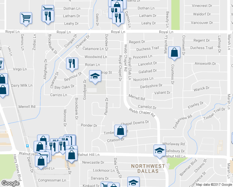 map of restaurants, bars, coffee shops, grocery stores, and more near 3152 Merrell Road in Dallas