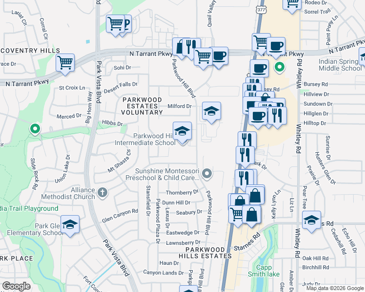 map of restaurants, bars, coffee shops, grocery stores, and more near 8201 Parkwood Hill Boulevard in Fort Worth