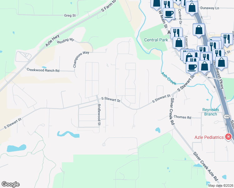 map of restaurants, bars, coffee shops, grocery stores, and more near 608 South Stewart Street in Azle