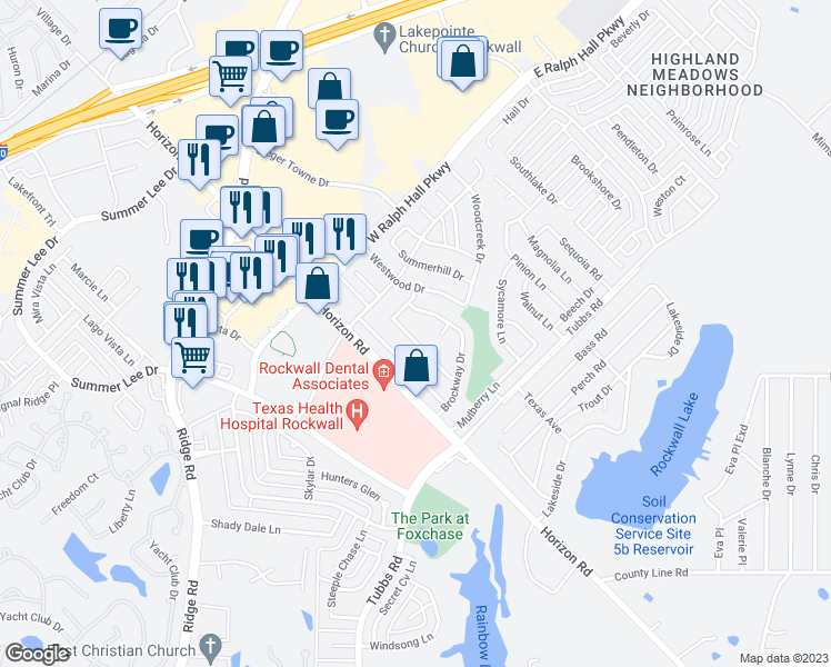 map of restaurants, bars, coffee shops, grocery stores, and more near 206 Mapleridge Drive in Rockwall