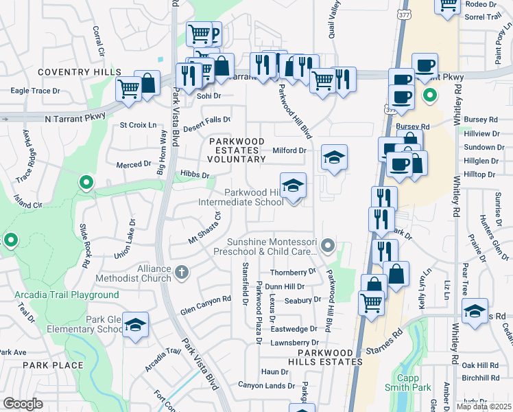 map of restaurants, bars, coffee shops, grocery stores, and more near 8117 Chamizal Drive in Fort Worth
