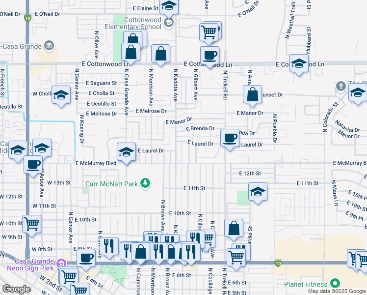 map of restaurants, bars, coffee shops, grocery stores, and more near 704 East McMurray Boulevard in Casa Grande