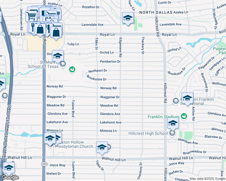 map of restaurants, bars, coffee shops, grocery stores, and more near 6475 Waggoner Drive in Dallas